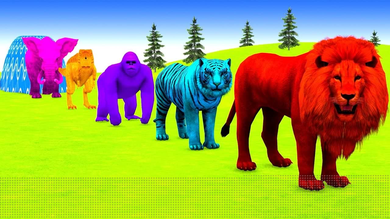 Long Slide Game With Cow Elephant Gorilla Hippopotamus Tiger - 3d Animal Game - Funny 3d Animals