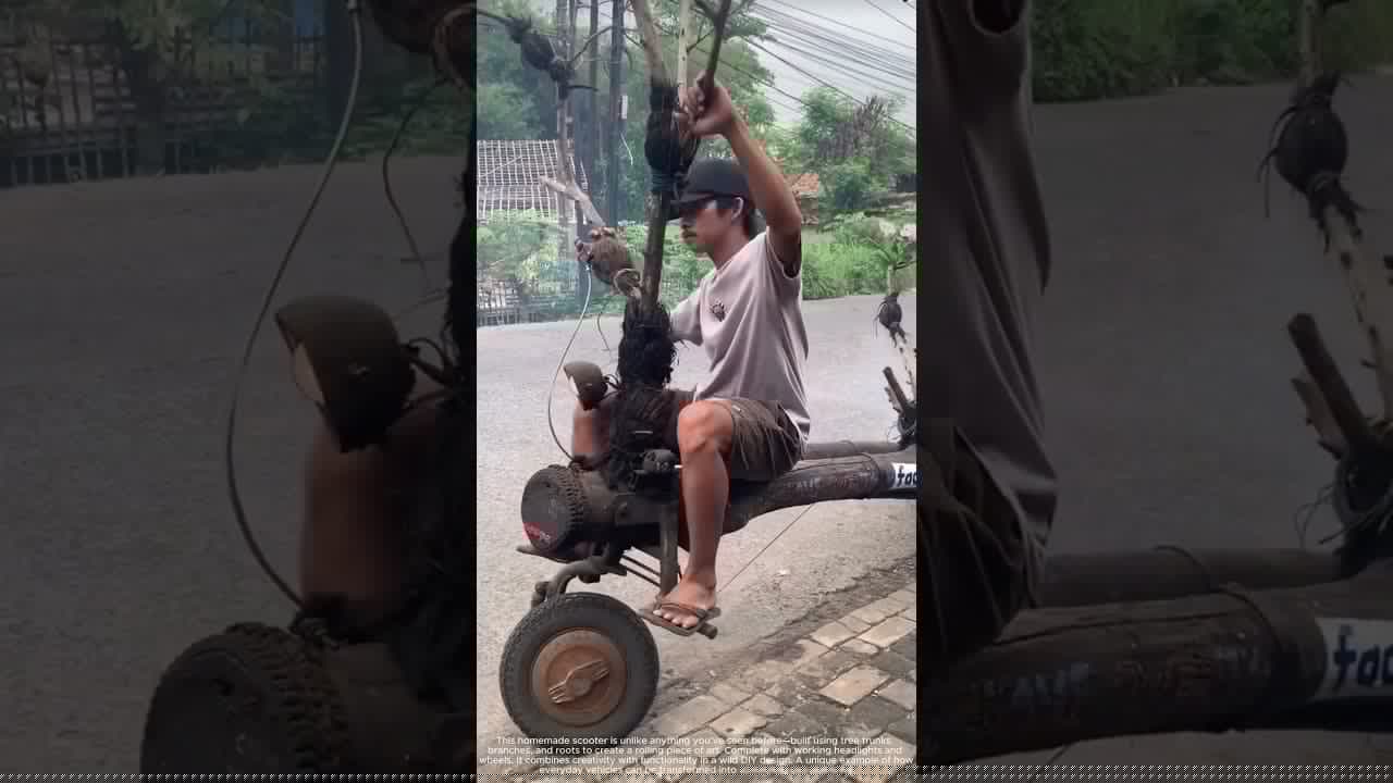 Homemade Wooden Motor Bike Built from Tree Branches