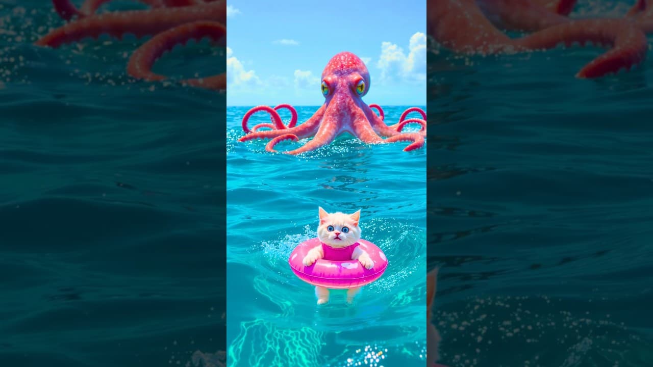 القط سيمو ينقذ بنته بسبوسه🐾 من الأخطبوط الشرير 🐙🔥 | نهاية غير متوقعة 😱#ai #cat #shorts